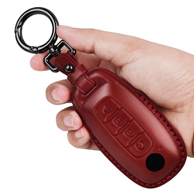 Tukellen for Nissan Key Fob Cover Leather with Keychain Compatible with 2023 2024 2025 Pathfinder Rouge Kicks Smart Remote Red 4 Buttons