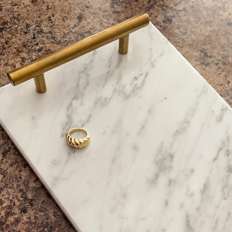 HighFree Marble Stone Decorative Tray, Handmade Nightstand Tray, Marble Platter Catchall Tray with Copper-Color Metal Handles for Counter, Vanity, Dresser, Nightstand and Desk (White) - Image 5