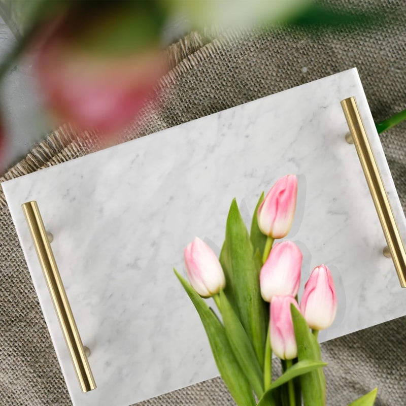 HighFree Marble Stone Decorative Tray, Handmade Nightstand Tray, Marble Platter Catchall Tray with Copper-Color Metal Handles for Counter, Vanity, Dresser, Nightstand and Desk (White) - Image 3