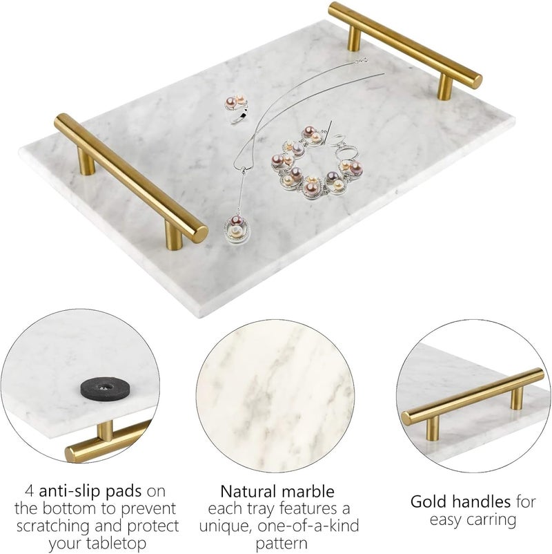 HighFree Marble Stone Decorative Tray, Handmade Nightstand Tray, Marble Platter Catchall Tray with Copper-Color Metal Handles for Counter, Vanity, Dresser, Nightstand and Desk (White) - Image 4
