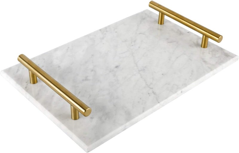 HighFree Marble Stone Decorative Tray, Handmade Nightstand Tray, Marble Platter Catchall Tray with Copper-Color Metal Handles for Counter, Vanity, Dresser, Nightstand and Desk (White) - Image 1