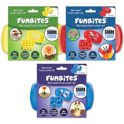 FunBites Food Cutter, Sandwich Cutter for Kids, Bento Lunch Box Accessory, Cuts Food into Bite-Size Shapes – Yellow Squares/Red Hearts/Blue Triangles - Image 1