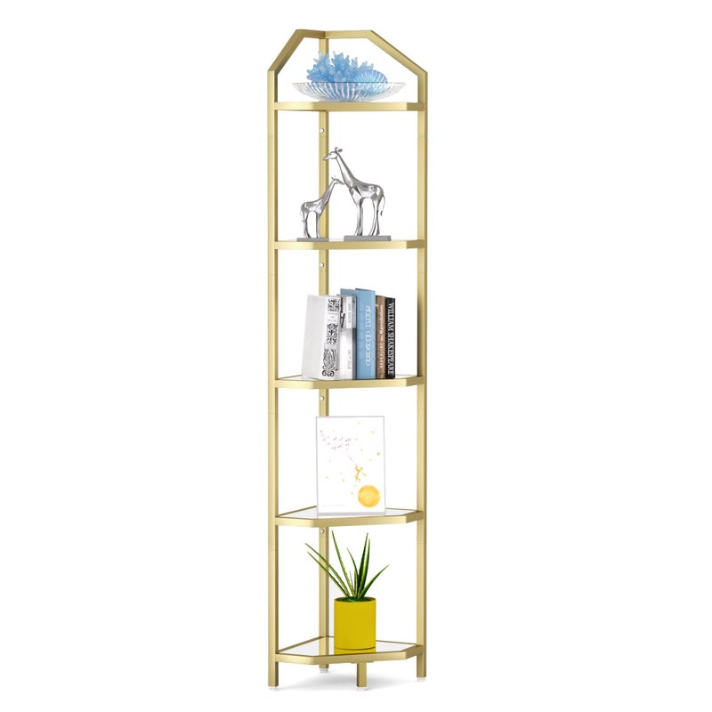 5Tier Corner Shelf Stand Gold Corner Bookshelf Bathroom Storage Rack Shelf Plant Rack Tempered Glass Steel Frame Modern Style for Living Room Bathroom Kitchen Metallic Gold