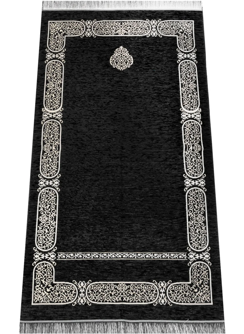 İhvan Online Kaaba Patterned Chenille Prayer Rug - Black Color