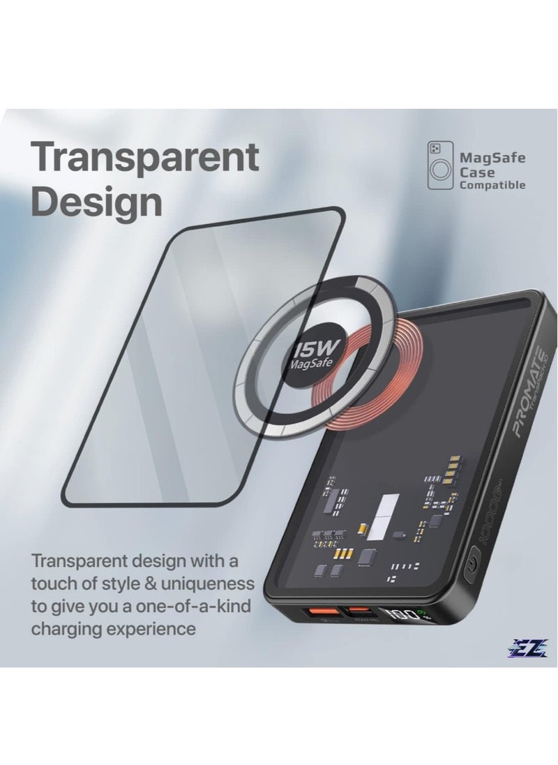 ELTRAZONE iPhone 15 Magnetic Wireless Power Bank, 10000mAh Transparent Battery Pack with 15W Wireless Charging, 20W USB-C PD & 22.5W QC 3.0, LCD Display – TransPack-10 (Black)  - Image 2