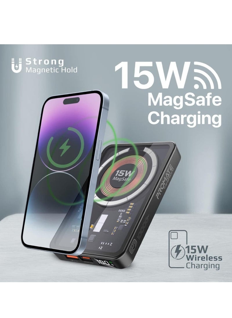 ELTRAZONE iPhone 15 Magnetic Wireless Power Bank, 10000mAh Transparent Battery Pack with 15W Wireless Charging, 20W USB-C PD & 22.5W QC 3.0, LCD Display – TransPack-10 (Black)  - Image 4