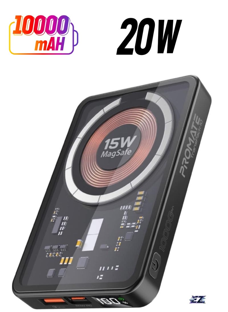 ELTRAZONE iPhone 15 Magnetic Wireless Power Bank, 10000mAh Transparent Battery Pack with 15W Wireless Charging, 20W USB-C PD & 22.5W QC 3.0, LCD Display – TransPack-10 (Black)  - Image 1