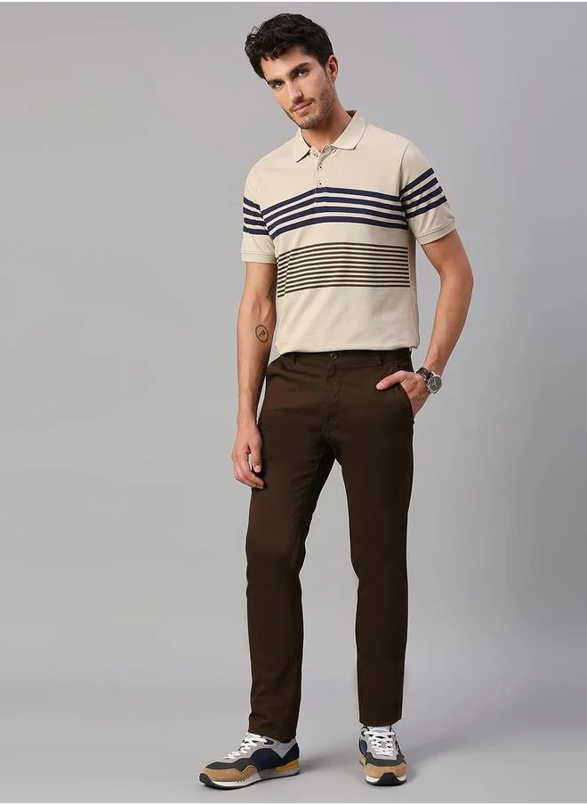 دينيس لينغو Men's Grey 100% Cotton Striped Regular Fit T-Shirt