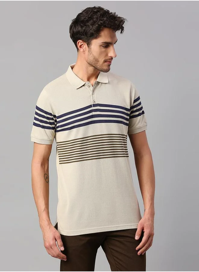 دينيس لينغو Grey Regular Fit T-shirt for Men - Cotton, Striped, Polo Collar, Polo Neck, Half Sleeves, Knitted, Casual