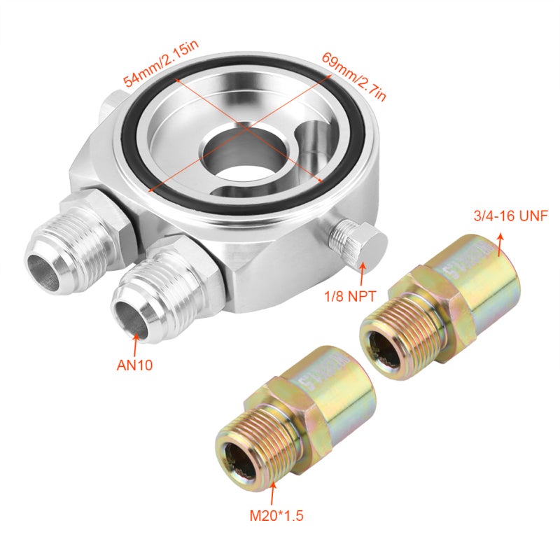 Aluminum Oil Filter Sandwich Plate: Billet Aluminum Hard Anodized Silver, 10AN Inlet Outlet, M20 x 1.5 Thread, 1/8 NPT Sensor Port - High Temp Oxidation Resistance, Engine Oil Temp Reduction, Heat Dis - Image 1