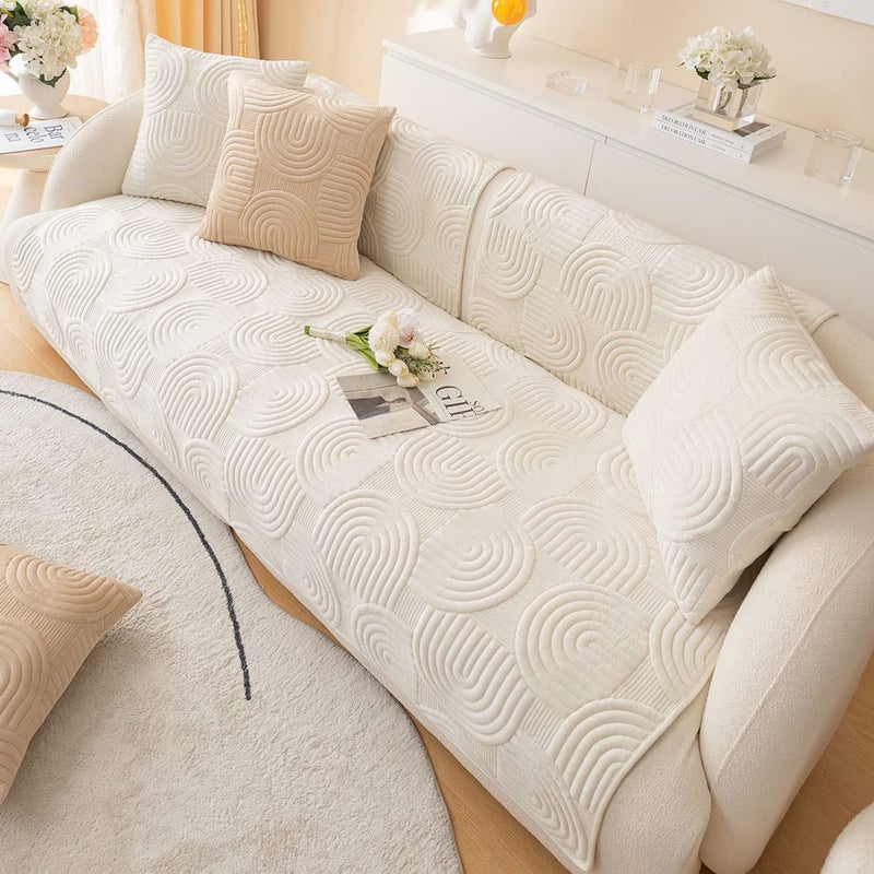XSlive Soft Plush Geometric Quilted Couch Sofa Cover Boho Non Slip Fuzzy Sectional Couch Cover Solid Color Washable Sofa Slipcover Furniture Protector for Kids Dogs Cats (Ivory,28"x28") - Image 5