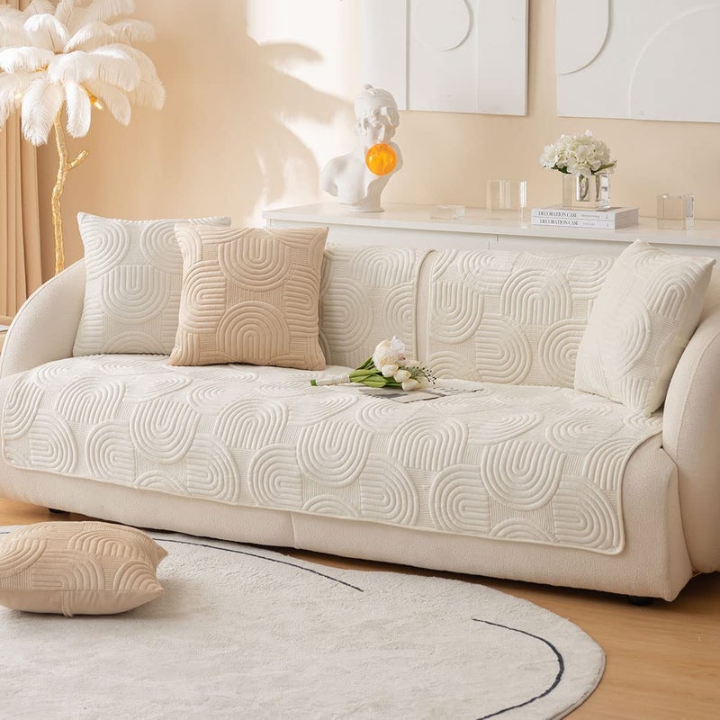 XSlive Soft Plush Geometric Quilted Couch Sofa Cover Boho Non Slip Fuzzy Sectional Couch Cover Solid Color Washable Sofa Slipcover Furniture Protector for Kids Dogs Cats (Ivory,28"x28") - Image 3