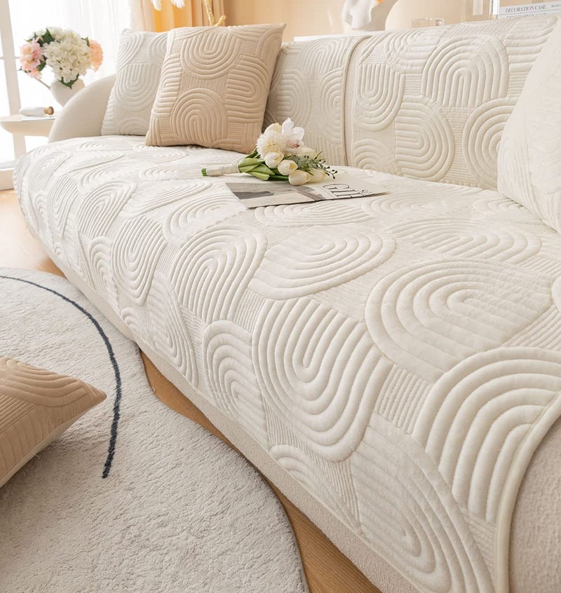 XSlive Soft Plush Geometric Quilted Couch Sofa Cover Boho Non Slip Fuzzy Sectional Couch Cover Solid Color Washable Sofa Slipcover Furniture Protector for Kids Dogs Cats (Ivory,28"x28") - Image 1
