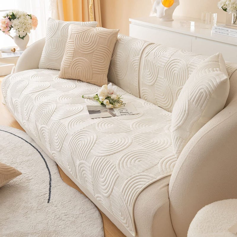 XSlive Soft Plush Geometric Quilted Couch Sofa Cover Boho Non Slip Fuzzy Sectional Couch Cover Solid Color Washable Sofa Slipcover Furniture Protector for Kids Dogs Cats (Ivory,28"x28") - Image 4