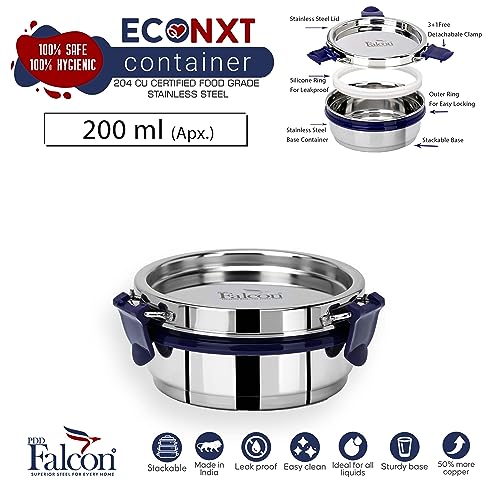 PDDFALCON EcoNxt Stainless Steel Lunch Box Set, Airtight Lid, Easy to Clean,100% Leakproof With BIS Certified, Jindal Seal & Made In India Perfect for Office, School, Travel, Blue(200ml+500ml Tall) - Image 4