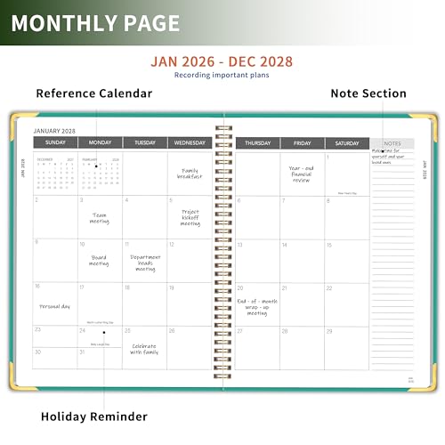 KAICN Monthly Planner 2026-2028, Hardcover 3 year calendar 2026-2027-2028 Calendar Book from Jan 2026 - Dec 2028, 9“ x 11”, Spiral Bound,Organizer for Office, School, and Home,Lake Green - Image 3