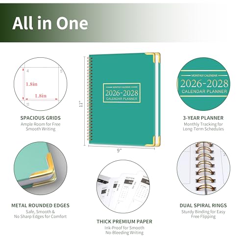 KAICN Monthly Planner 2026-2028, Hardcover 3 year calendar 2026-2027-2028 Calendar Book from Jan 2026 - Dec 2028, 9“ x 11”, Spiral Bound,Organizer for Office, School, and Home,Lake Green - Image 2
