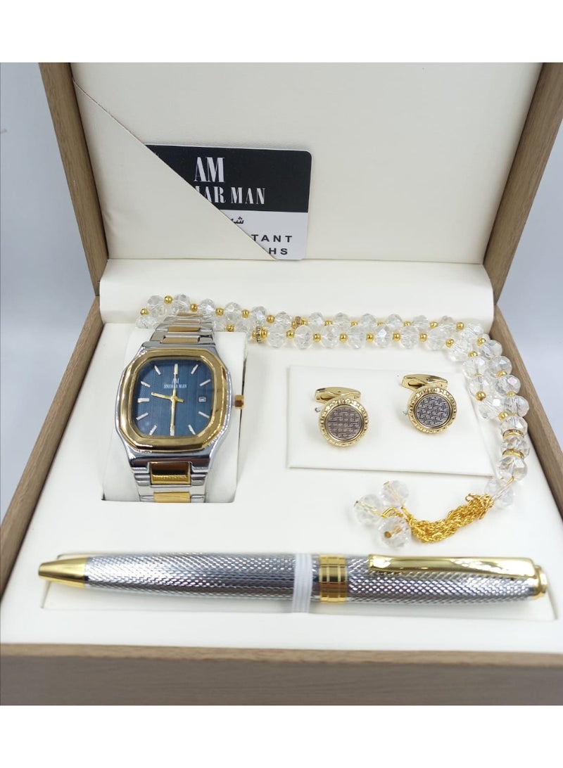 انيمار مان طقم هدية ساعة رجالية راقية و بجودة عالية ساعة, وقلم, وسبحة, وكبك, سوار فضي وذهبي مع ميناء أزرق