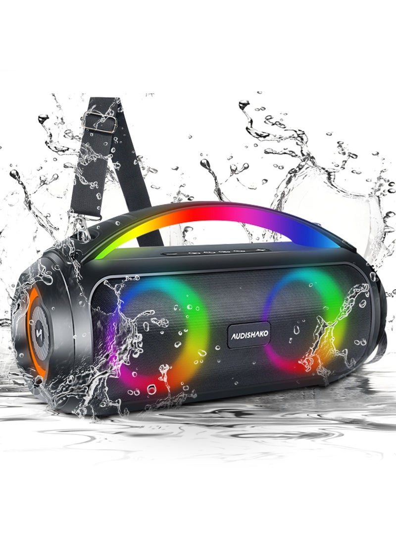AUDISHAKO Bluetooth Speaker IPX5 Waterproof Portable Outdoor Speaker BT5.3 Boombox with LED Lights Wireless Stereo Pairing Audio for Home Party Beach Outdoor Camping Support USB TF AUX FM TWS - Image 1