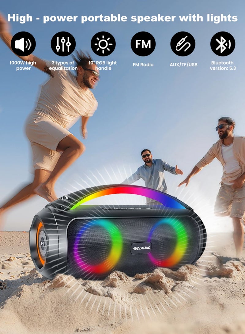 AUDISHAKO Bluetooth Speaker IPX5 Waterproof Portable Outdoor Speaker BT5.3 Boombox with LED Lights Wireless Stereo Pairing Audio for Home Party Beach Outdoor Camping Support USB TF AUX FM TWS - Image 2