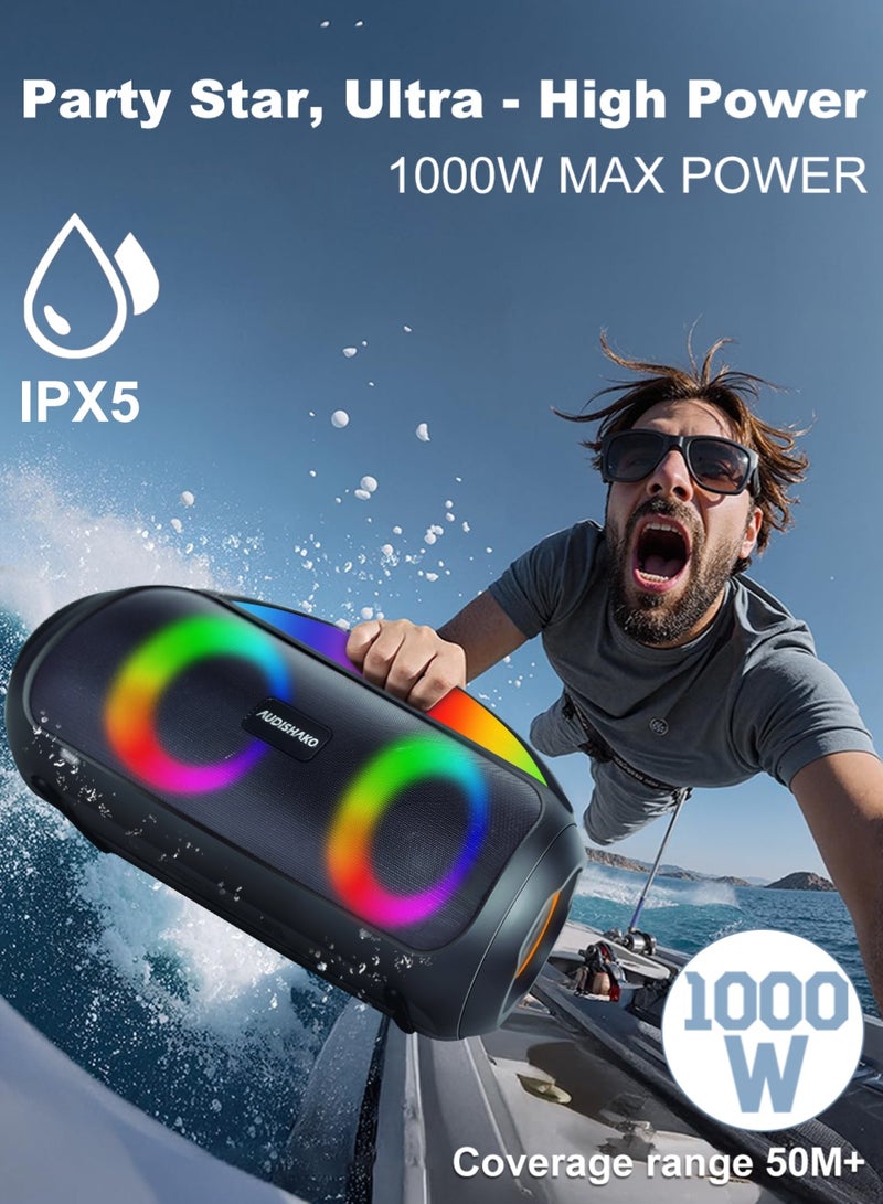 AUDISHAKO Bluetooth Speaker IPX5 Waterproof Portable Outdoor Speaker BT5.3 Boombox with LED Lights Wireless Stereo Pairing Audio for Home Party Beach Outdoor Camping Support USB TF AUX FM TWS - Image 3