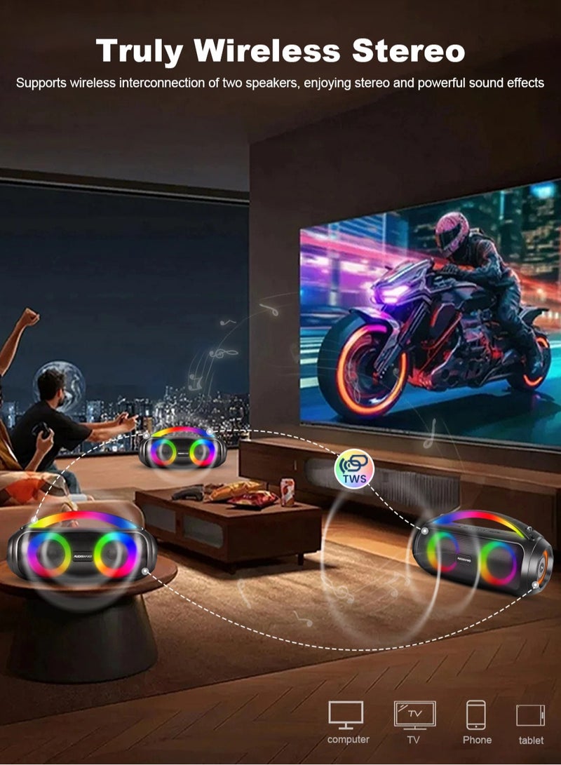 AUDISHAKO Bluetooth Speaker IPX5 Waterproof Portable Outdoor Speaker BT5.3 Boombox with LED Lights Wireless Stereo Pairing Audio for Home Party Beach Outdoor Camping Support USB TF AUX FM TWS - Image 4