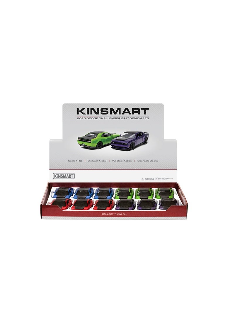 Kinsmart Pack of 12 Pcs Pull Back Action 1:40 Scale 2023 Dodge Challenger SRT Demon 170 Doors Openable Collectible Toy Car  - Image 1