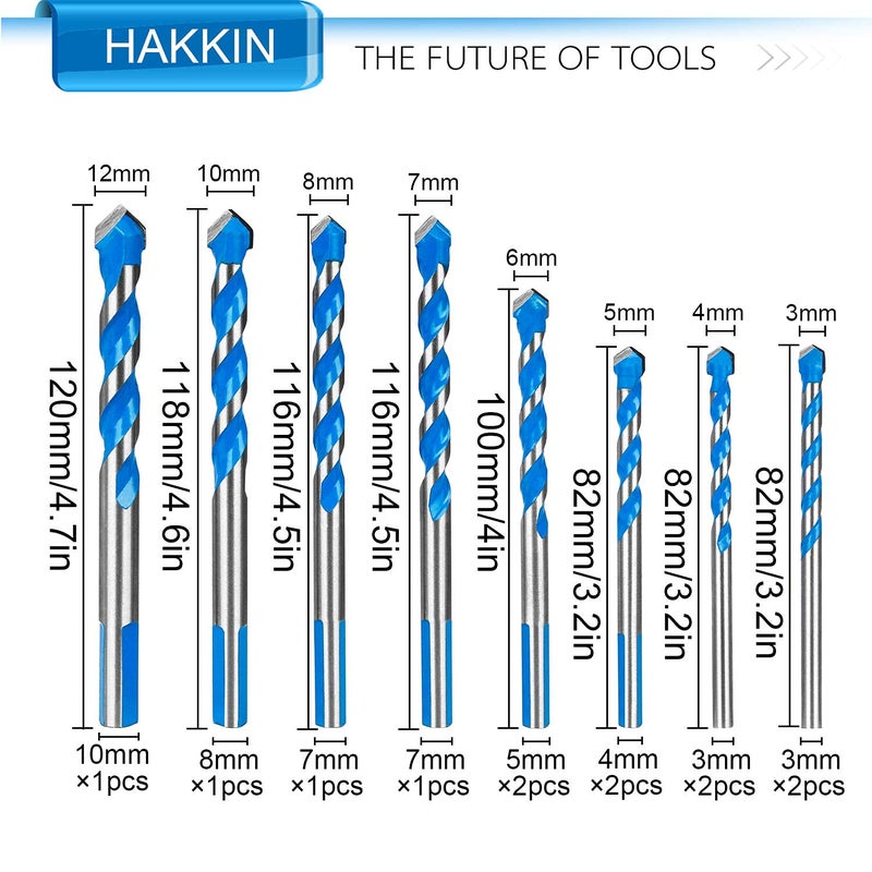 Hakkin 12 Pcs Masonry Drill Bits Set, 3mm - 12mm Concrete Drill Bits Set for Cement Glass Wall Brick Wood, Metric System Tungsten Carbide Tip Triangle Alloy Industrial Strength with Storage Case(Blue) - Image 2