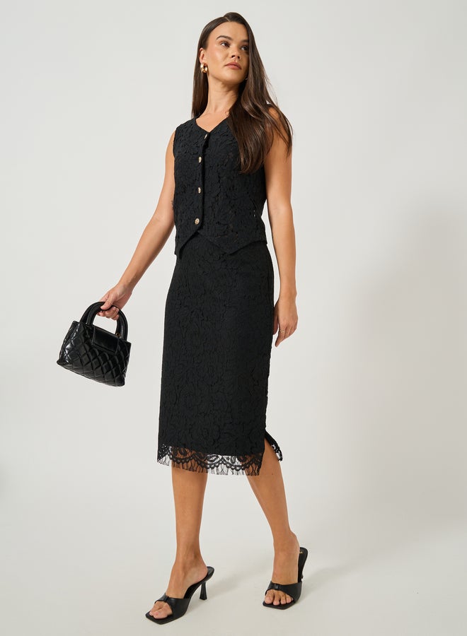 Styli Lace Pencil Midi Skirt with Lining  - Image 1