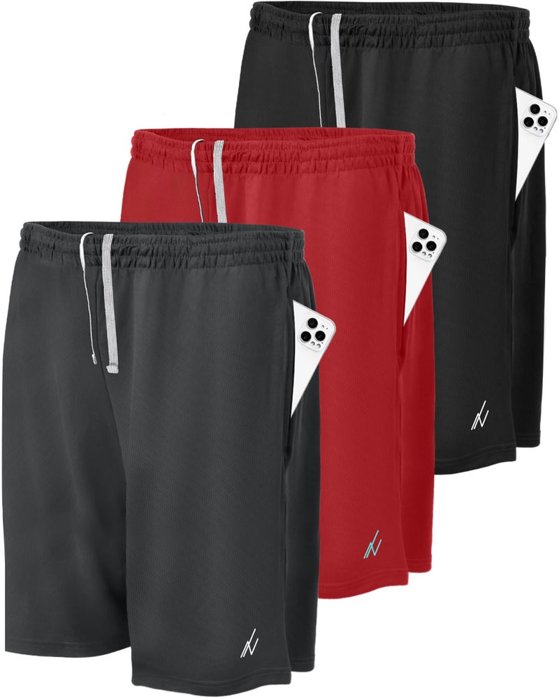 NY Threads 3 Pack Men's Athletic Shorts Quick Dry Lightweight Workout Running Gym Shorts with Pockets, Medium, Black/Dark Grey/Red - Image 4