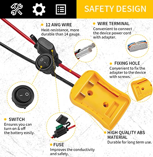 YGKATING 2 Pack Power Wheel Adapter for Dewalt 20V Battery Series with Fuse, Switch & Wire Terminal, 3Pcs 30A Fuse, 12 AWG Wire Battery Converter Connector DIY for RC Toys, Robotics, Truck and Work Lights (2) - Image 5