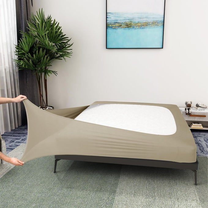 BOX SPRING COVER QUEEN SIZE JERSEY KNIT STRETCHY WRAP AROUND 4 SIDES BED SKIRT FOR HOTEL HOME QUEENQUEEN XL TAUPE