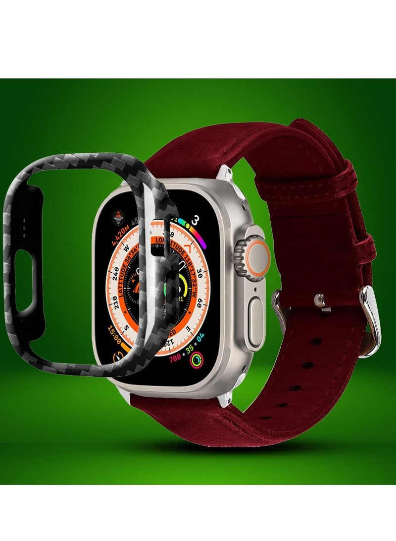 CATANES 2 Packs For Apple Watch Band 49mm Leather Band Buckle Strap Wristband and Carbon Fiber Cup Holder Dark Red - Image 2