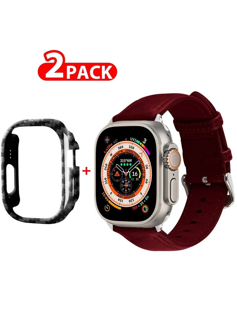 CATANES 2 Packs For Apple Watch Band 49mm Leather Band Buckle Strap Wristband and Carbon Fiber Cup Holder Dark Red - Image 1