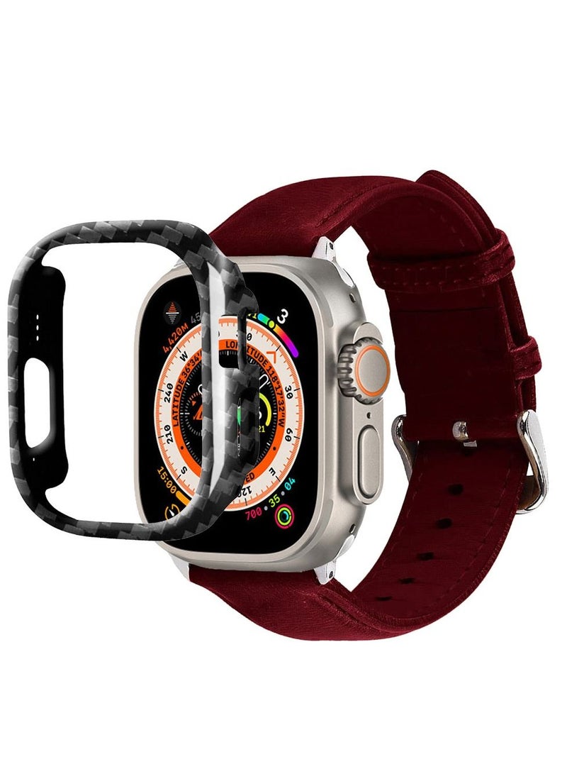 CATANES 2 Packs For Apple Watch Band 49mm Leather Band Buckle Strap Wristband and Carbon Fiber Cup Holder Dark Red - Image 3
