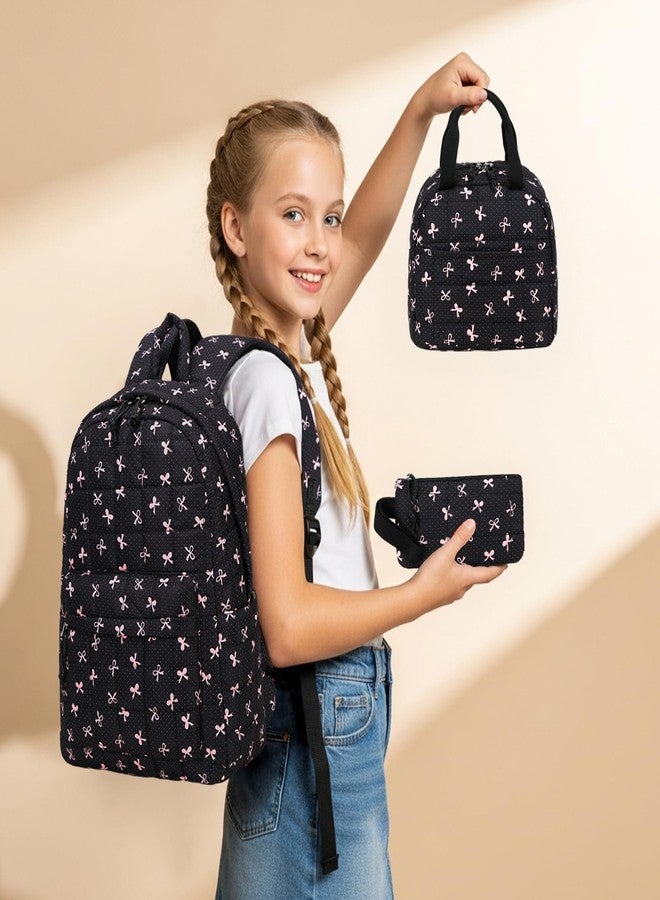 LEDAOU Backpack for Kids Girls Teens School Bookbags Set Girls Backpack with Lunch Box and Pencil Case (Pink Bow-Black) - Image 4