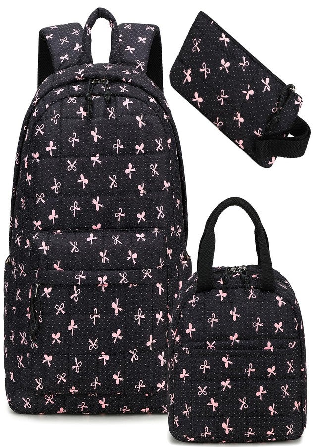 LEDAOU Backpack for Kids Girls Teens School Bookbags Set Girls Backpack with Lunch Box and Pencil Case (Pink Bow-Black) - Image 1
