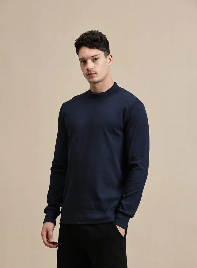 ECOLORE Men Navy Blue High Neck Long Sleeves T-Shirt
