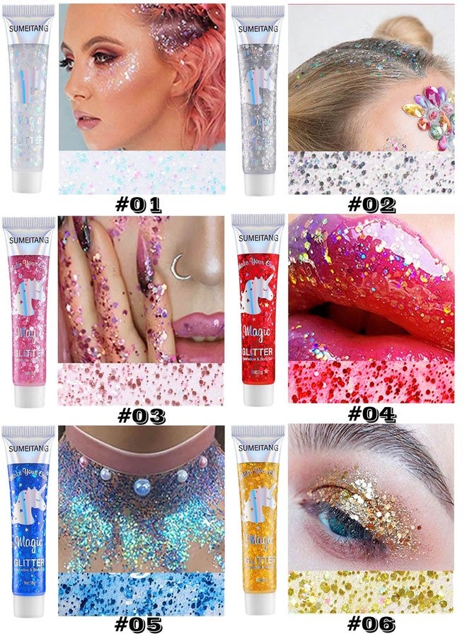 SUMEITANG 6 Pcs Clear White Face Body Glitter Gel，Holographic Chunky Sequins Body Glitter Paint for Party Singer Concerts Music Festival Rave Accessories for Girls Women Face Body DIY Sparkling Makeup - Image 3