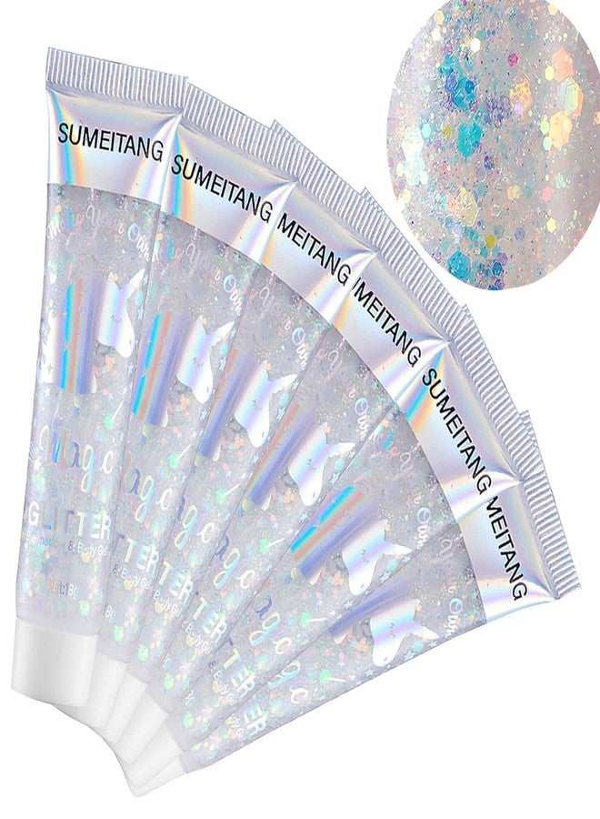 SUMEITANG 6 Pcs Clear White Face Body Glitter Gel，Holographic Chunky Sequins Body Glitter Paint for Party Singer Concerts Music Festival Rave Accessories for Girls Women Face Body DIY Sparkling Makeup - Image 1