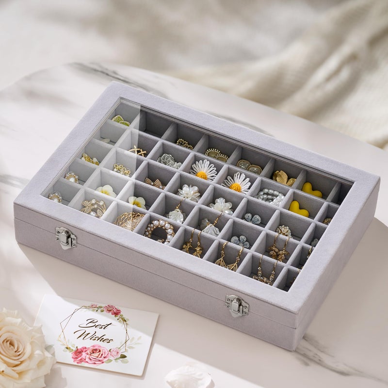 Josmimic 48 Grid Earring Organizer and Storage: Velvet Jewelry Tray with Lid, Jewelry Box for Studs, Earrings, Rings, Necklaces, Dresser & Vanity, Earrings Case Organizer for Girls, Women, 13"x8.6"x2.4", Grey - Image 2