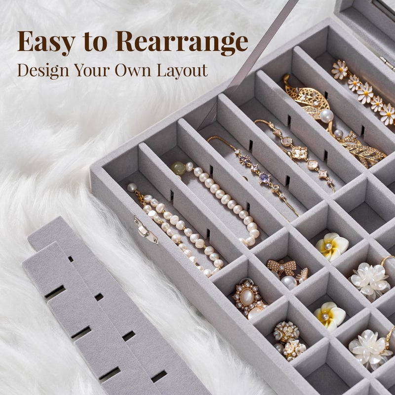 Josmimic 48 Grid Earring Organizer and Storage: Velvet Jewelry Tray with Lid, Jewelry Box for Studs, Earrings, Rings, Necklaces, Dresser & Vanity, Earrings Case Organizer for Girls, Women, 13"x8.6"x2.4", Grey - Image 5