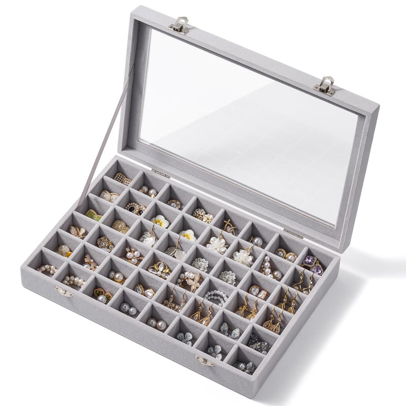 Josmimic 48 Grid Earring Organizer and Storage: Velvet Jewelry Tray with Lid, Jewelry Box for Studs, Earrings, Rings, Necklaces, Dresser & Vanity, Earrings Case Organizer for Girls, Women, 13"x8.6"x2.4", Grey - Image 1
