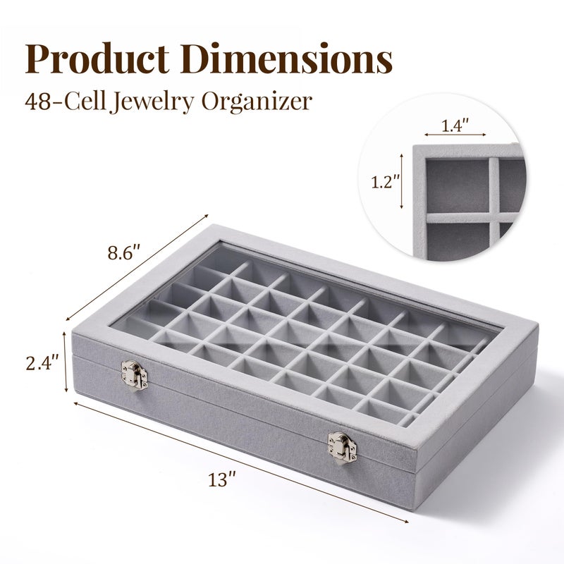 Josmimic 48 Grid Earring Organizer and Storage: Velvet Jewelry Tray with Lid, Jewelry Box for Studs, Earrings, Rings, Necklaces, Dresser & Vanity, Earrings Case Organizer for Girls, Women, 13"x8.6"x2.4", Grey - Image 3