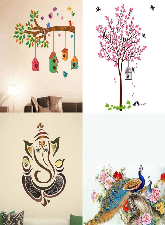Merical Bird House Branch, Pink Tree Bird & Nest, Royal Ganesh, Royal Peacock Wall Stickers for Living Room, Hall, Wall D�cor (Material: PVC Vinyl) - Image 1