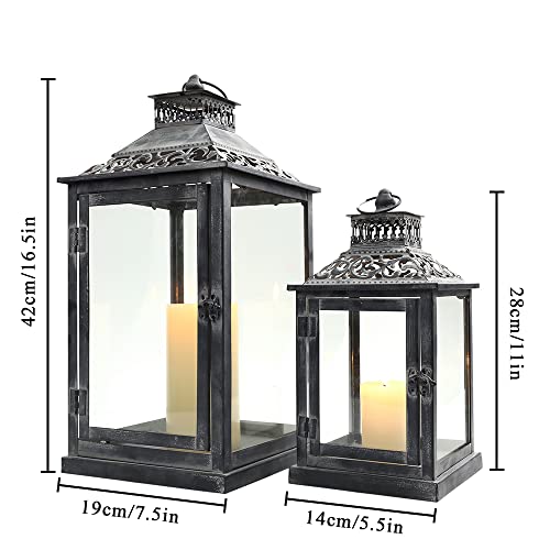 JHY DESIGN Set of 2 Antique Grey Brush Decorative Lanterns Metal Candle Lanterns for Indoor Outdoor Events Paritie and Weddings Vintage Style Hanging Lantern(with Glass) - Image 2