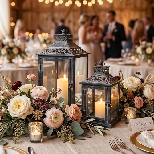 JHY DESIGN Set of 2 Antique Grey Brush Decorative Lanterns Metal Candle Lanterns for Indoor Outdoor Events Paritie and Weddings Vintage Style Hanging Lantern(with Glass) - Image 5