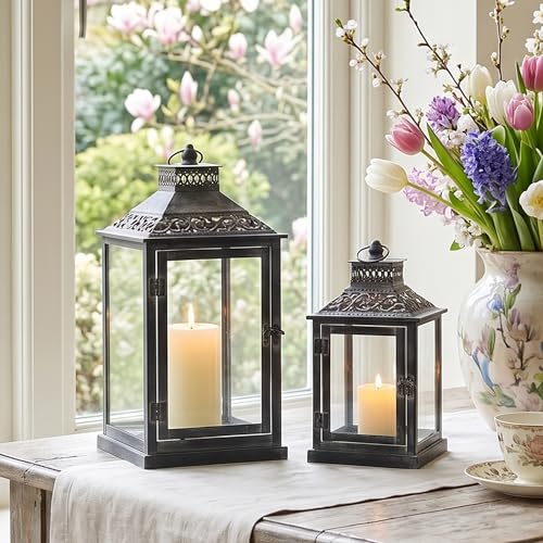 JHY DESIGN Set of 2 Antique Grey Brush Decorative Lanterns Metal Candle Lanterns for Indoor Outdoor Events Paritie and Weddings Vintage Style Hanging Lantern(with Glass) - Image 1