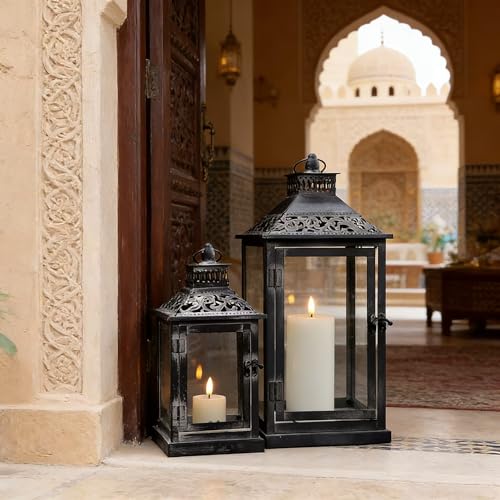 JHY DESIGN Set of 2 Antique Grey Brush Decorative Lanterns Metal Candle Lanterns for Indoor Outdoor Events Paritie and Weddings Vintage Style Hanging Lantern(with Glass) - Image 4