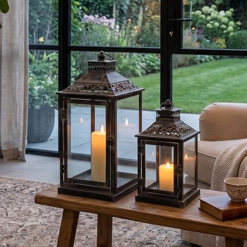 JHY DESIGN Set of 2 Antique Grey Brush Decorative Lanterns Metal Candle Lanterns for Indoor Outdoor Events Paritie and Weddings Vintage Style Hanging Lantern(with Glass) - Image 3